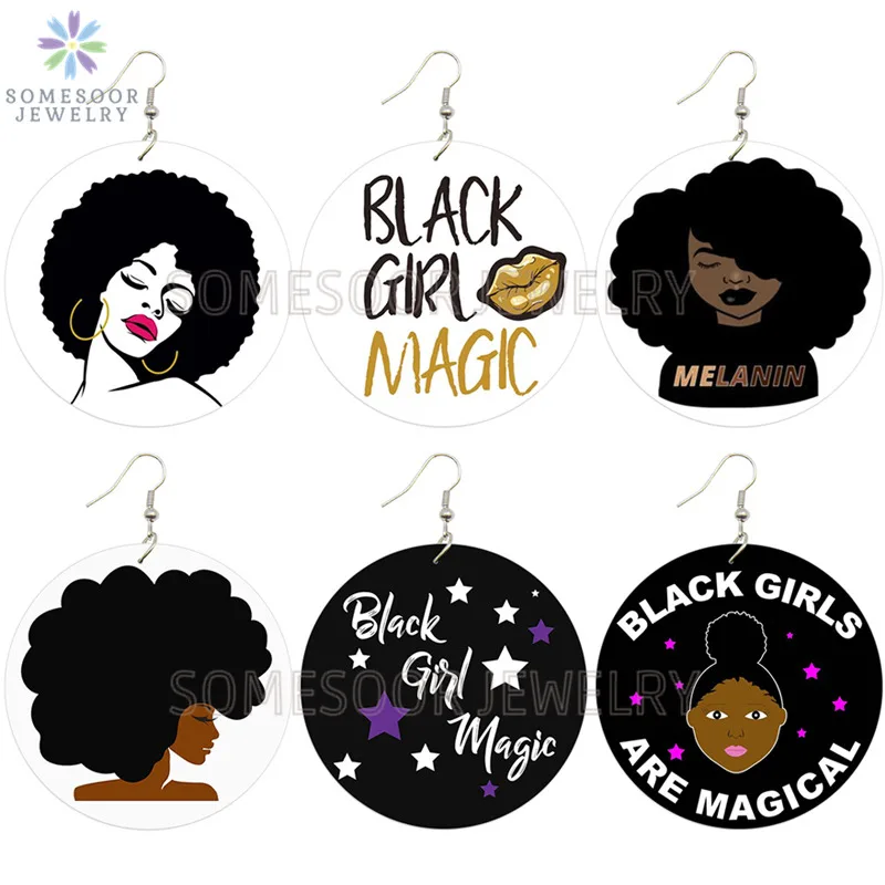 SOMESOOR афро меланин девушка Магия печатных деревянные висячие серьги африканские натуральные волосы обручи дизайн ювелирные изделия для черных женщин Подарки - Окраска металла: Mixed 6Pairs