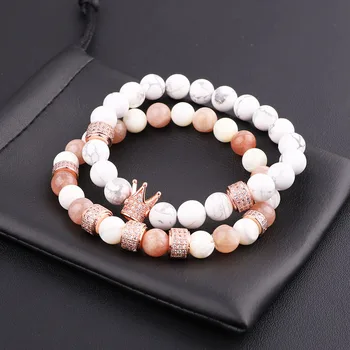 JARAVVI High Quality New Design Natural Stone Beads Luxury CZ Pave Crown Elastic Bracelet Women Jewelry Gift