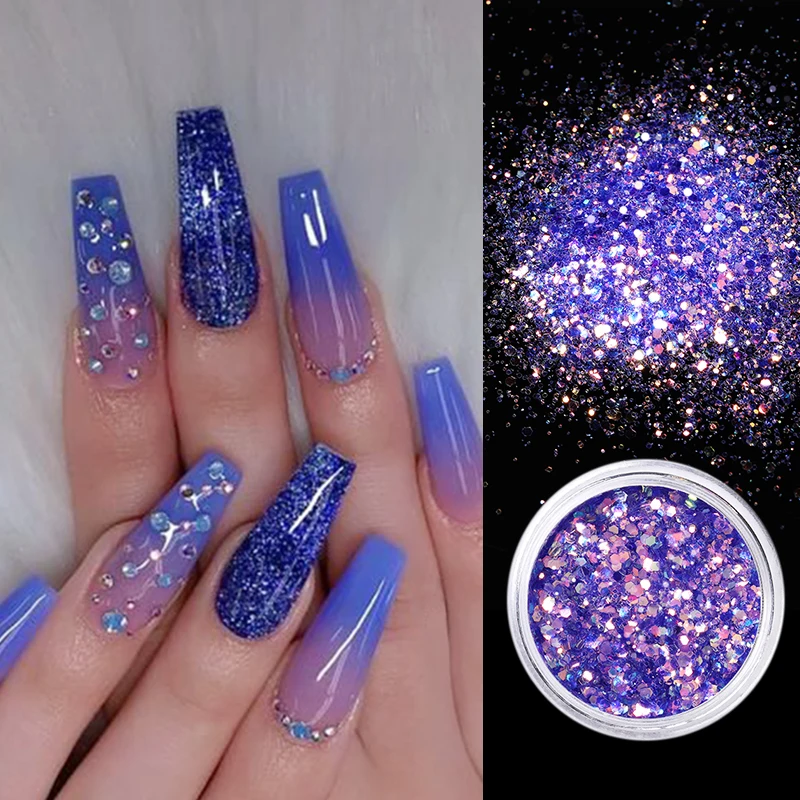 

Colorful Nail Sequins Bliking Purple Blue Series Nails Flakies Pallette Nail Glitter Power 3D Nail Art Tips Decoration in Box