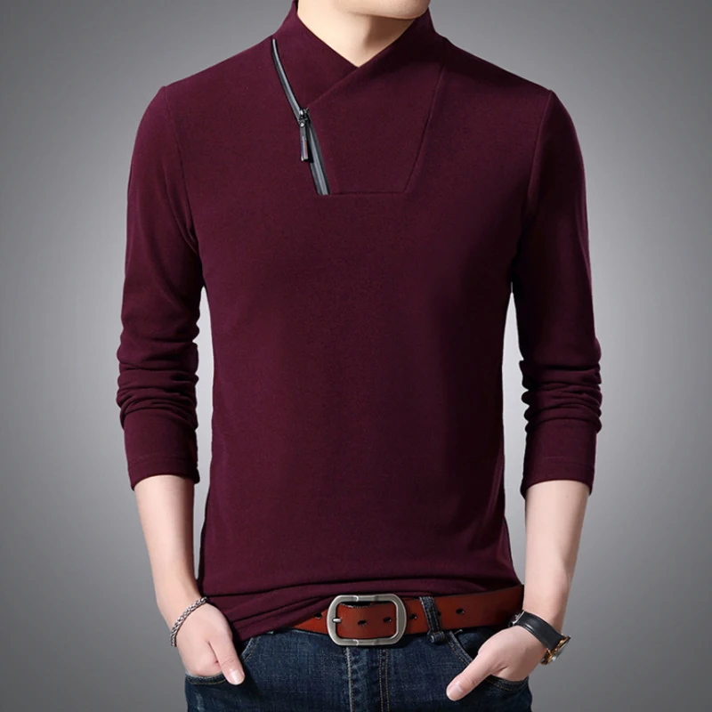 

2019 Spring Autumn Newt-shirt Men Zipper V-neck Casual Fit Long Sleeve T Shirt Men Trend Solid Color T-shirt Man Brand Tees