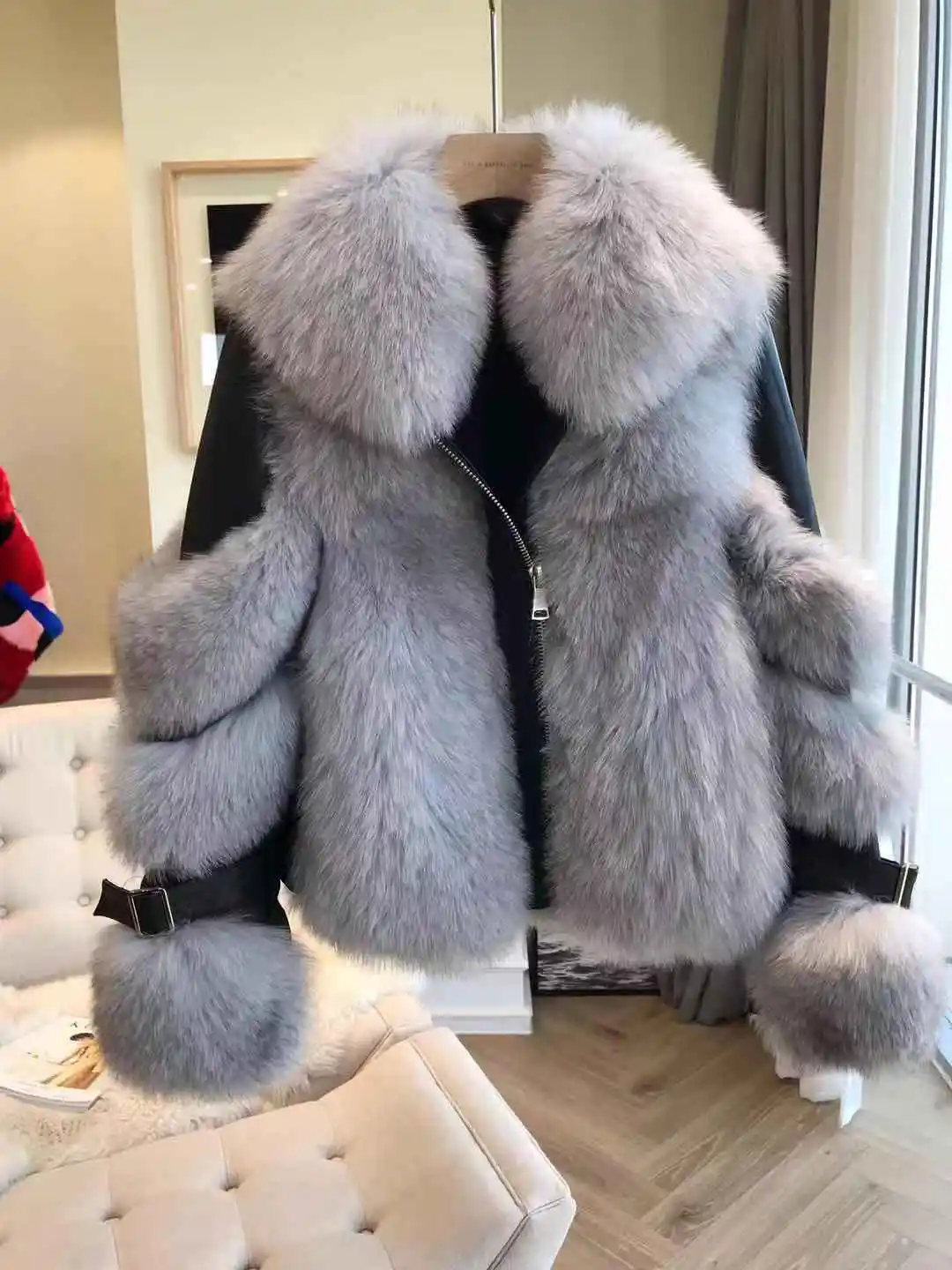 light grey OFTBUY, зимняя женская куртка, натуральный мех, натуральный Лисий мех, верхняя одежда, толстая, теплая, Натуральная овечья кожа, уличная одежда, новинка - Цвет: light grey