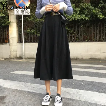 

Elegant Solid Midi Pleated Skirt With Belt Women Spring Black High Waist A-line Skirts Ladies Korean Harajuku School Long Skirt
