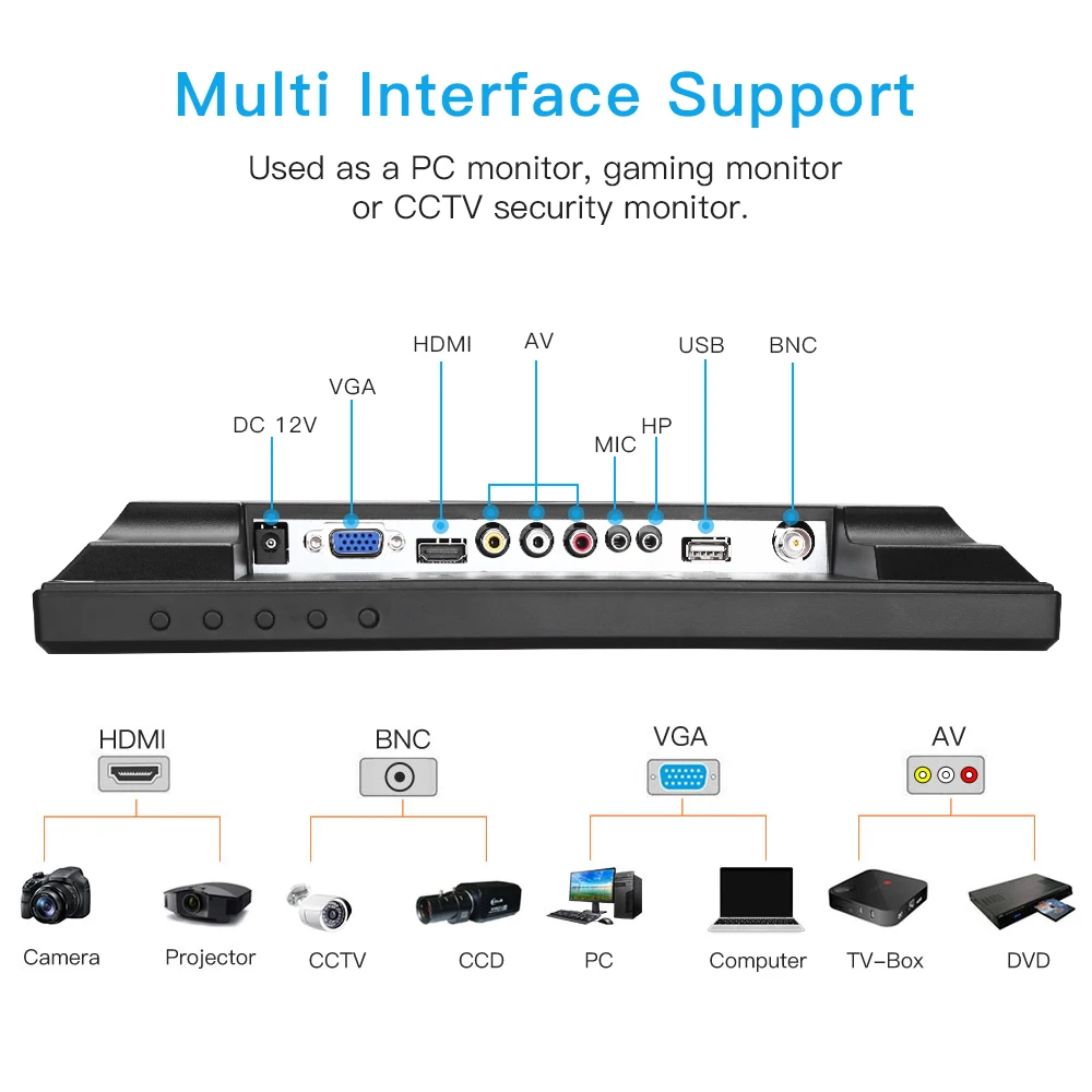 Monitor pequeno do jogo da tevê hd de eyoyo 12 Polegada com entrada 800x600 de hdmi do av de bnc vga mini tela lcd portátil do sistema do cctv com orador