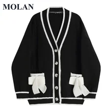 

MOLAN Oversize Elegant Woman Cardigan Fashion V Neck 2021 New Fashion Winter Casual Knitted Cardigan Black Female Stylish Top
