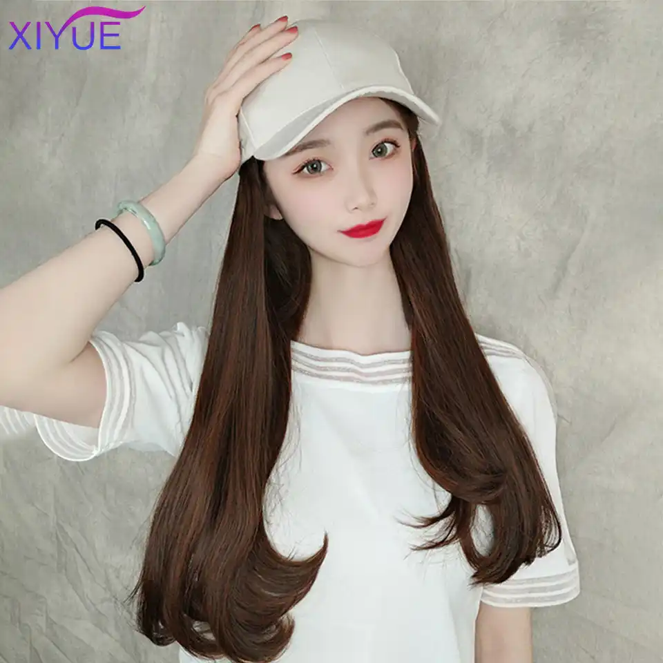 野球キャップ毛延長22インチロング絹のようなストレートintergrateキャップヘア野球の帽子人工毛かつら黒ブラウン 人工クリップインワンピース Aliexpress