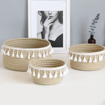 

Home Office Storage Jute Weave Basket Basket Vintage Country Style Tassel Sundries Holder Multifunction Container,3 Pcs