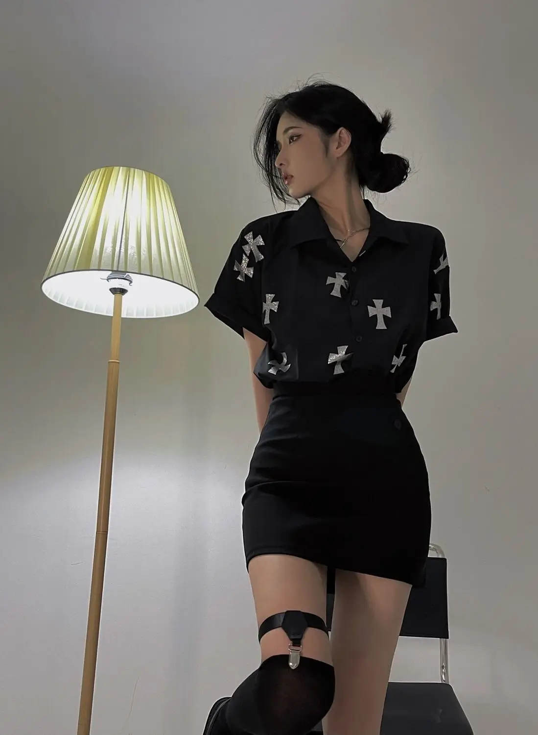 Rhinestone Y2k Loose Aesthetic Gothic Blouses High Street Single Breasted Short Sleeve Clothes Korean Fashion Turn Collar Shirts