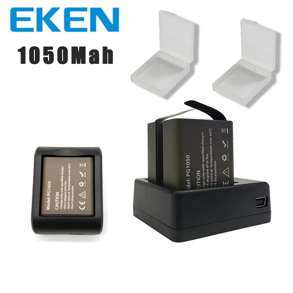Eken 2 шт./компл. 3,7 в PG 1050 мАч батарея для eken SJCAM Экшн-камера h9r h8r h6s h5s H3r C30 F68 SJ4000 с двойным зарядным устройством