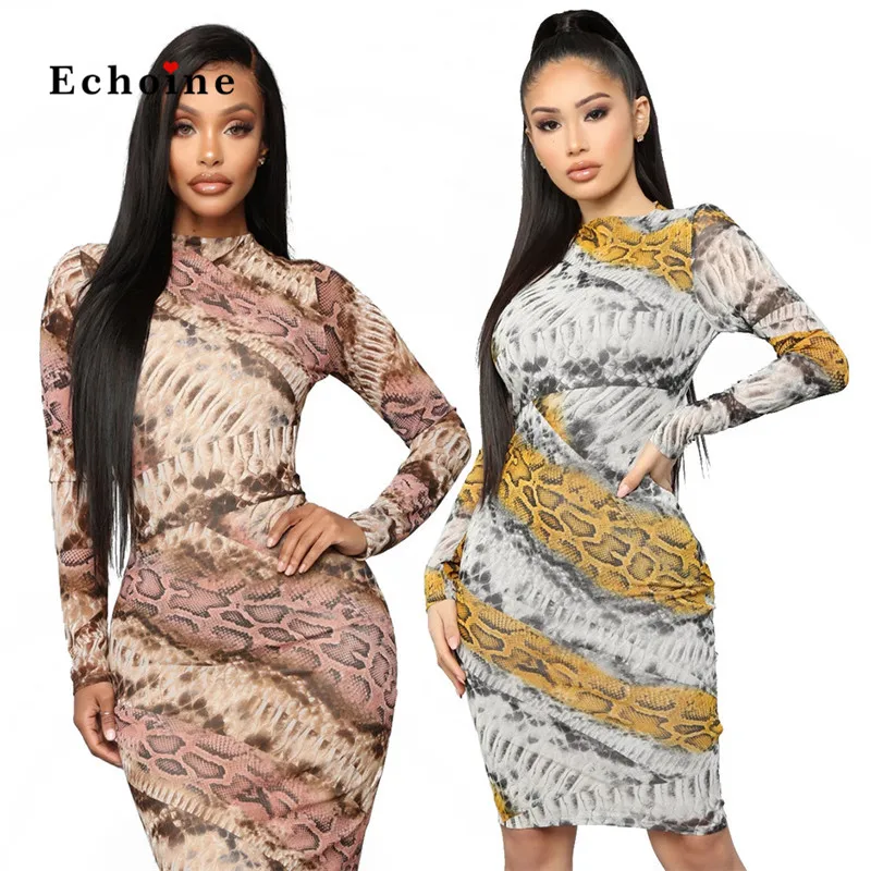 

Women Snake Print Dress Long Sleeve Turtleneck Sexy Bodycon Curvaceous Modern Lady Gorgeous Vestidos Party Evening Woman Clothes