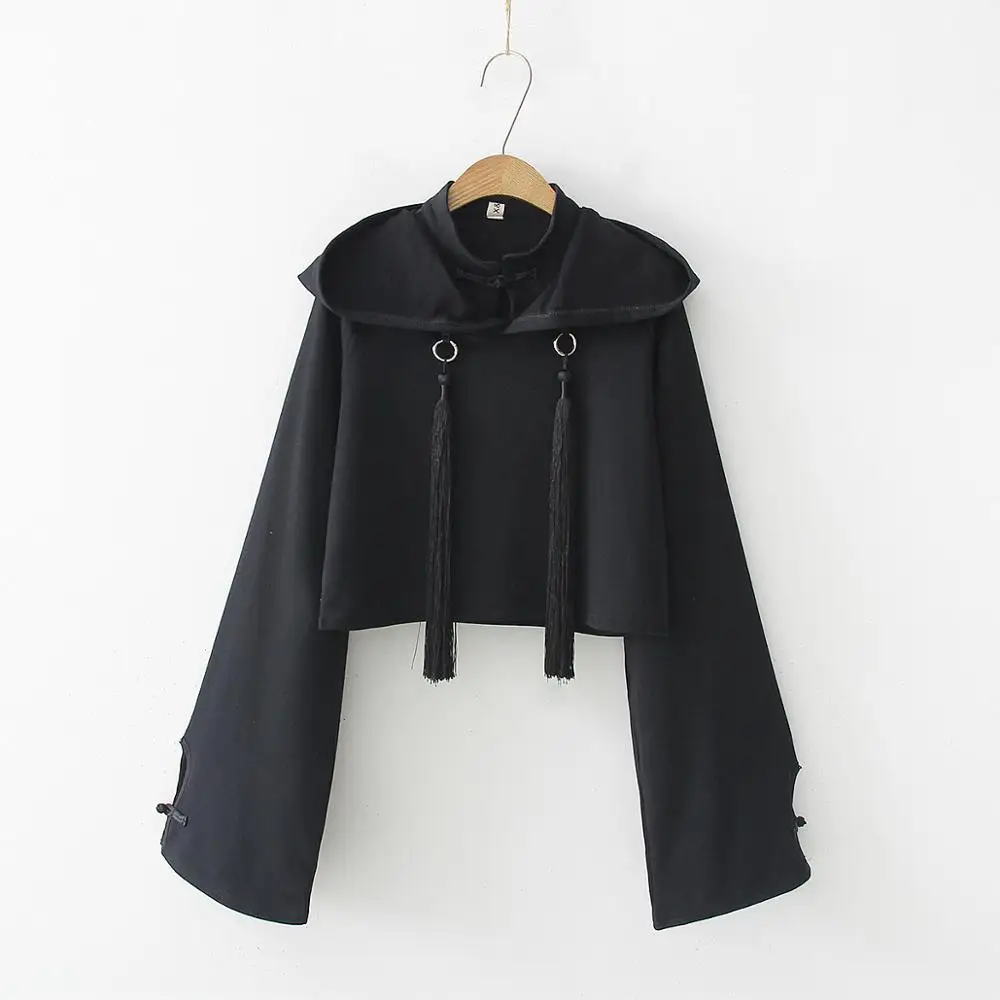 

New Style Women Hooded Short Pullover Sweatshirts Crop Hoodies 2020 Autumn Girls Solid Color Black Top With Tassel