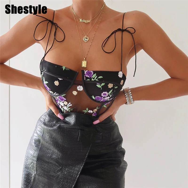 Женское Сетчатое боди с вышивкой Shestyle сексуальное черное прозрачное открытой