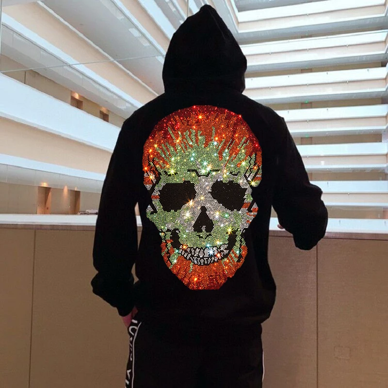 

Fall/Winter Fleece Solid Color Men's Hoodie Loose Printed Hot Diamond Skull Pullover Long Sleeve Fitness Top Jacket XL