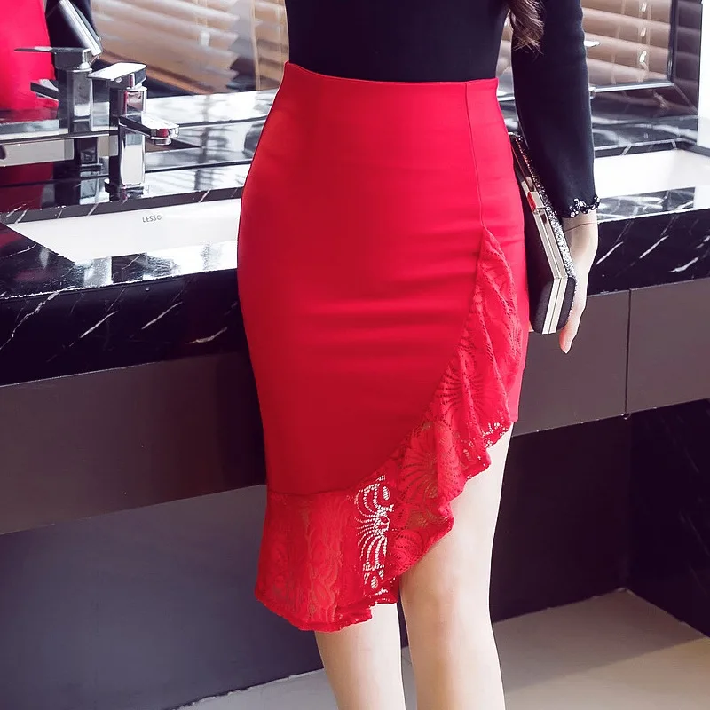 

2018 New Products WOMEN'S Dress Lace Joint Skirt High-waisted Solid Color Sexy Skirt Dovetail Skirt Wedding Festive Dress