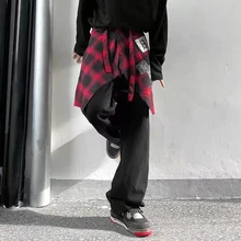 Pantalones vaqueros de estilo Hip Hop para hombre, camisas de cuadros de retales, Harajuku, ropa de calle recta de gran tamaño