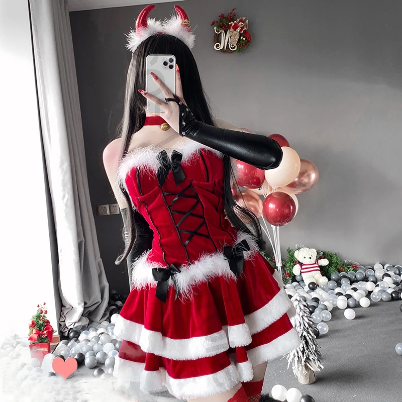 

2021 Women Christmas Lady Santa Claus Cosplay Costume Sexy Lingerie Winter Red Dress Xmas Devil Uniform Bunny Girl Custome Free