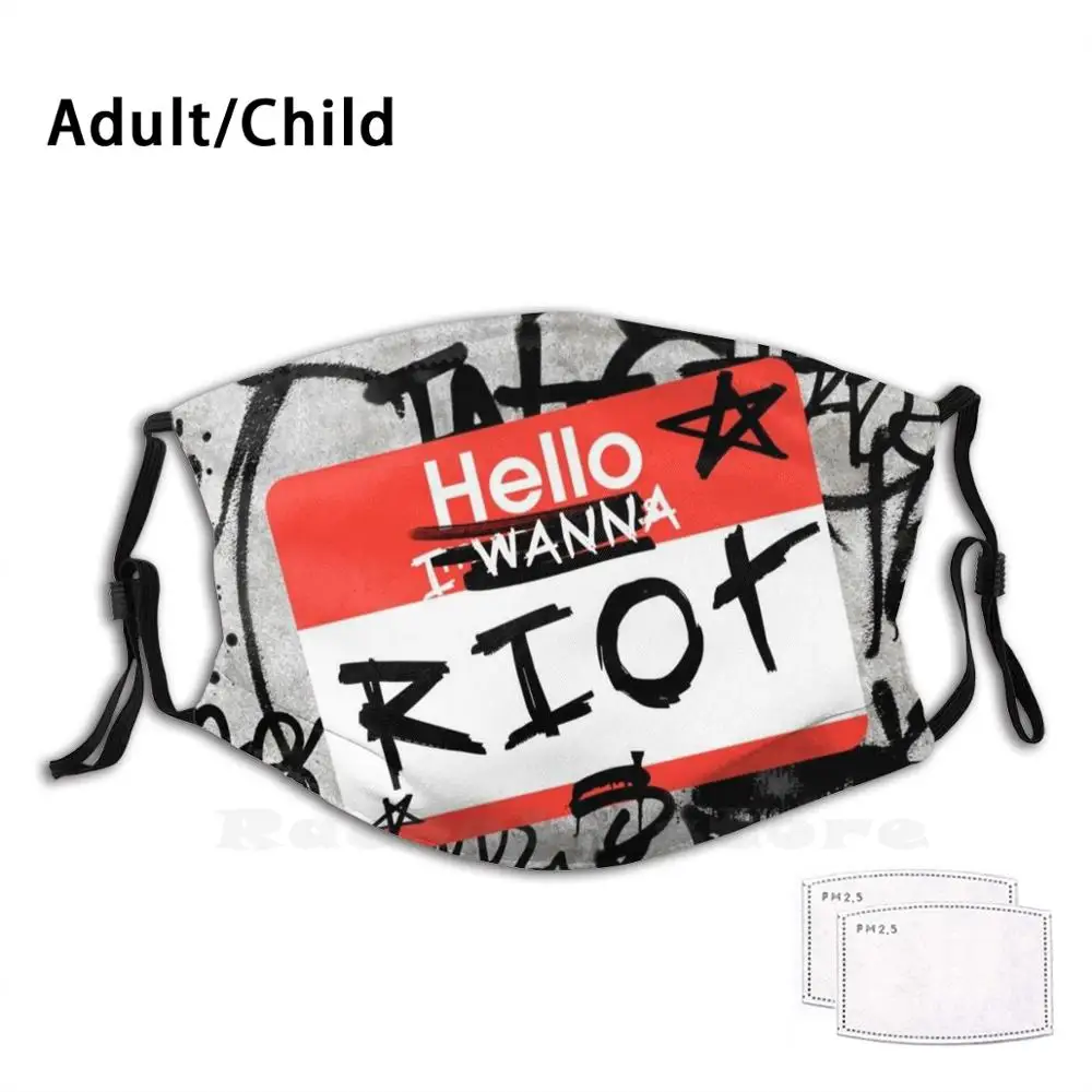 Hello I Wanna Riot Print Washable Filter Anti Dust Mouth Mask Graffiti Trashy Concrete Marker Wall Punk | Аксессуары для одежды