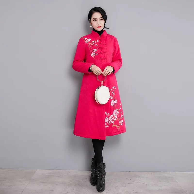 

New Style Cotton Linen Embroidered Cotton Linen Ethnic-Style Large Size Cotton-padded Clothes Retro Frog Women's Long Cotton-pad
