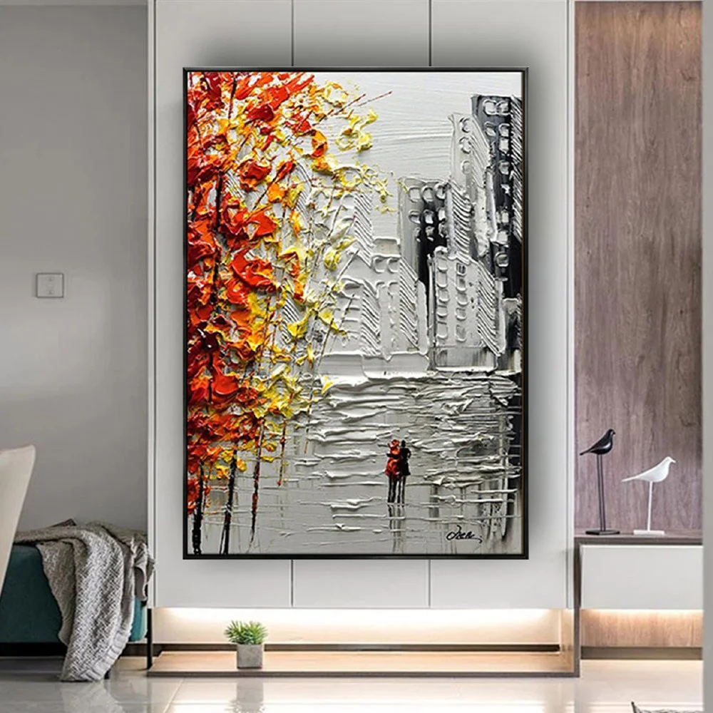 

Original Texture Knife Oil Painting Modern City Wall Art Picture Handmade Poster Artwork Orange Mural For Home Living Room Decor
