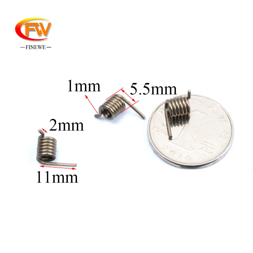 

FINEWE 10pcs/lot 1.0mm spring steel wire torsion spring 5.5mm out diameter 11/2mm leg 6coils 90 degree spring wholesale