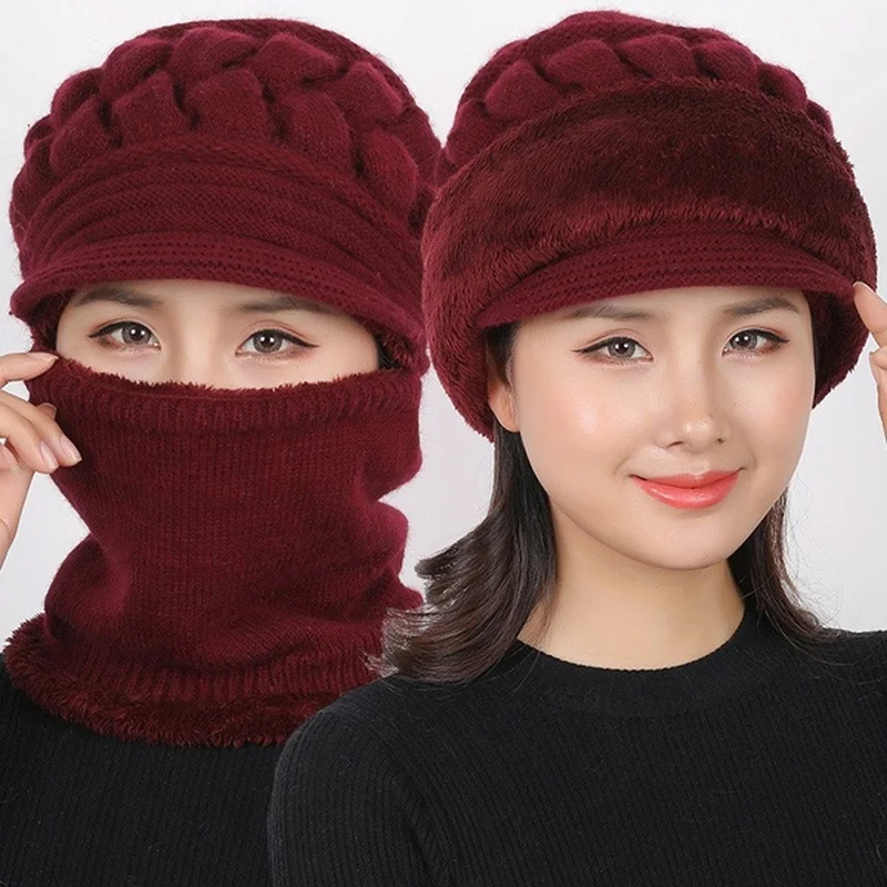 Female Lady Winter Woolen Hats Plus Velvet Thickening Warm Windproof Cycling Hat Knitting Fur