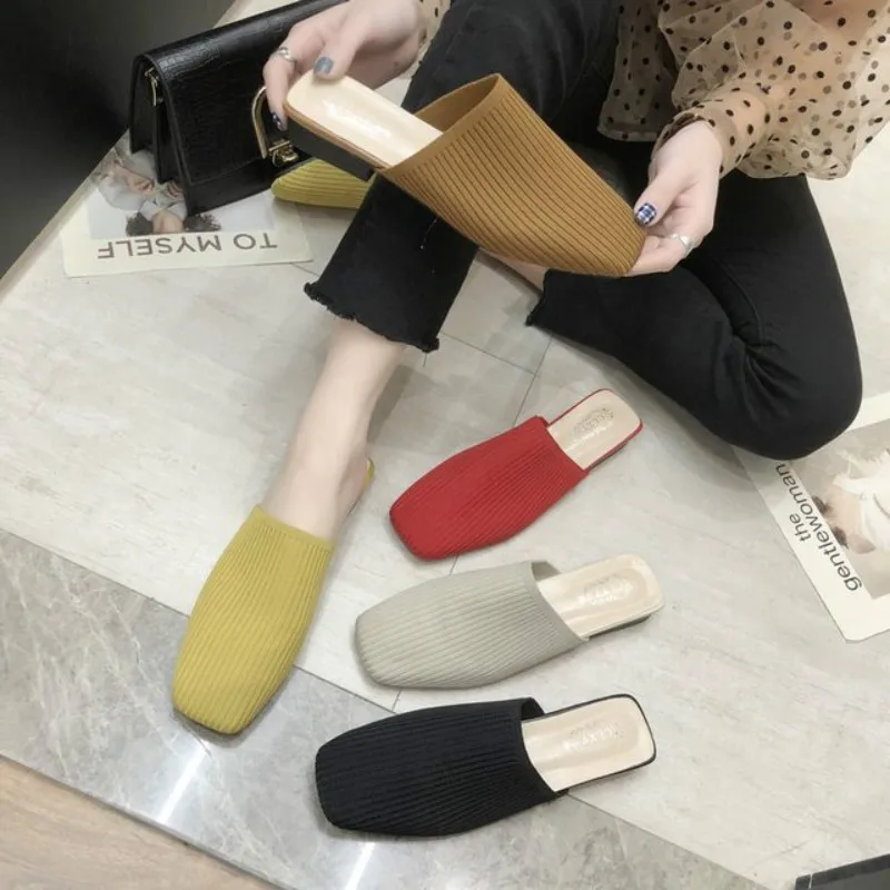 

Dropshipping 2019 Brand Mules Elastic Cloth Round Toe Flats Heels Elastic Band Casual Shoes Women Yellow Black Slip on Slides