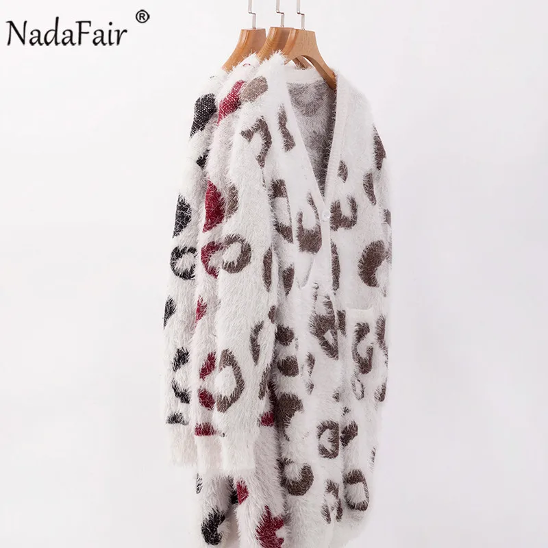 Nadafair, мохер, толстый, Леопардовый, длинный женский кардиган,, осень, зима, Повседневный, большой размер, вязаный свитер, пальто, для женщин
