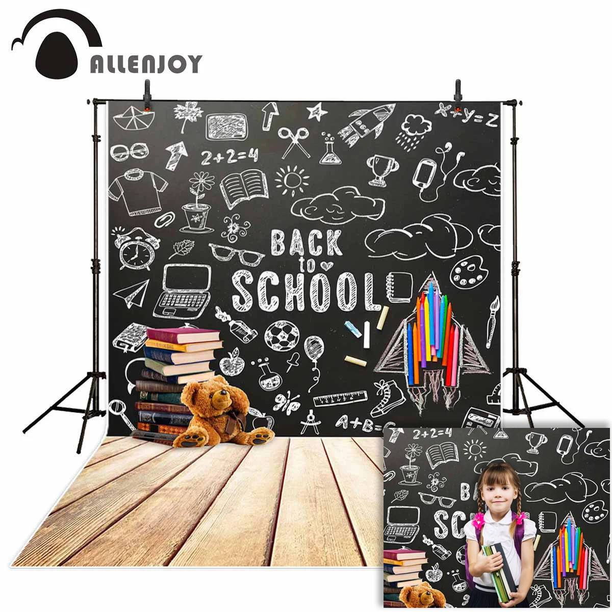 Фон для фотосъемки Allenjoy Снова в школу доска карандаш книга игрушка медведь фон