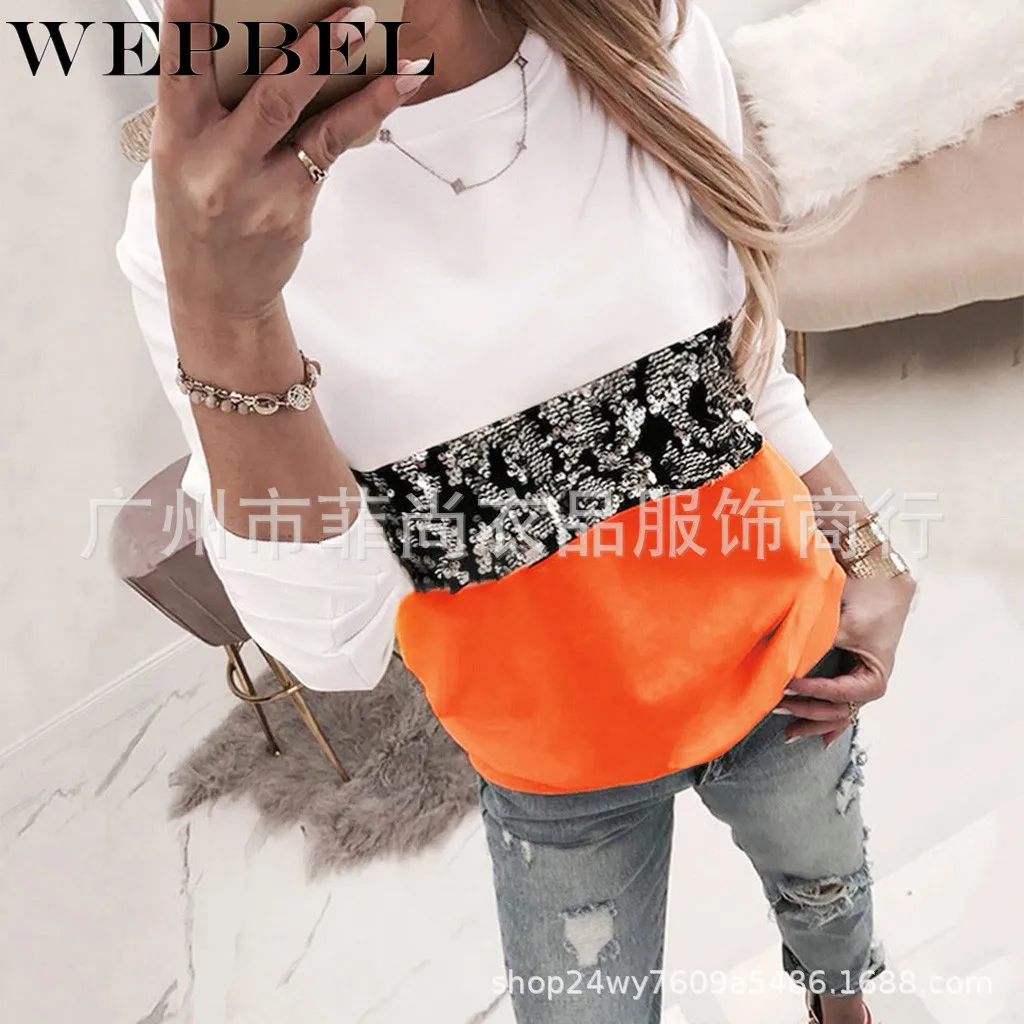 

WEPBEL Women's Fashion Sequined Splicing Sweatshirts Autumn and Winter Casual Long-Sleeved O-Neck Slim-Fit Sweatshirts