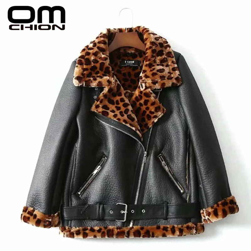 

OMCHION Winter Faux Lamb Leather Jacket Women Leopard Lambs Wool Fur Collar Suede Jacket Coats Female Warm Thick Outerwear LMJ34