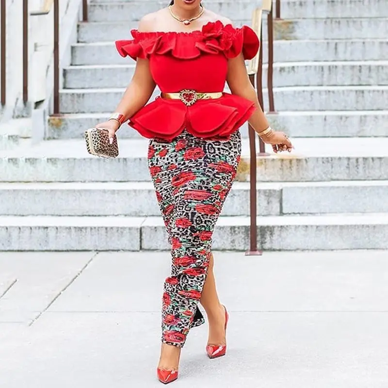 

Women African Party Long Dress Sexy Red Elegant Plus Size Bodycon Off Shoulder Falbala Split Female Club Evening Maxi Dresses