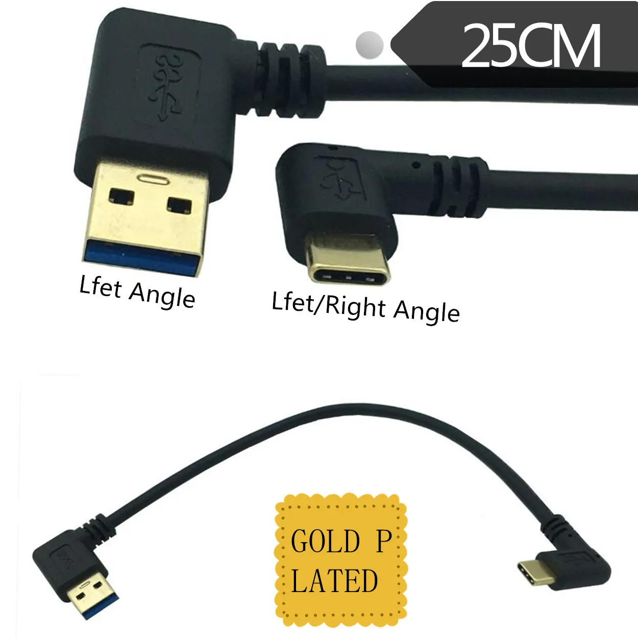 Позолоченный 90 градусов левый угол USB 3,0(тип-a) штекер USB3.1(тип-c) Мужской USB синхронизация данных и зарядный кабель Разъем(черный