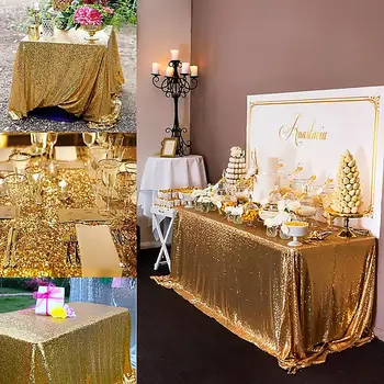 

Gold tablecloth 90x132in Glitter Round Rectangular Embroidered Sequin Table cover for Wedding Party Christmas Decoration-RT10002