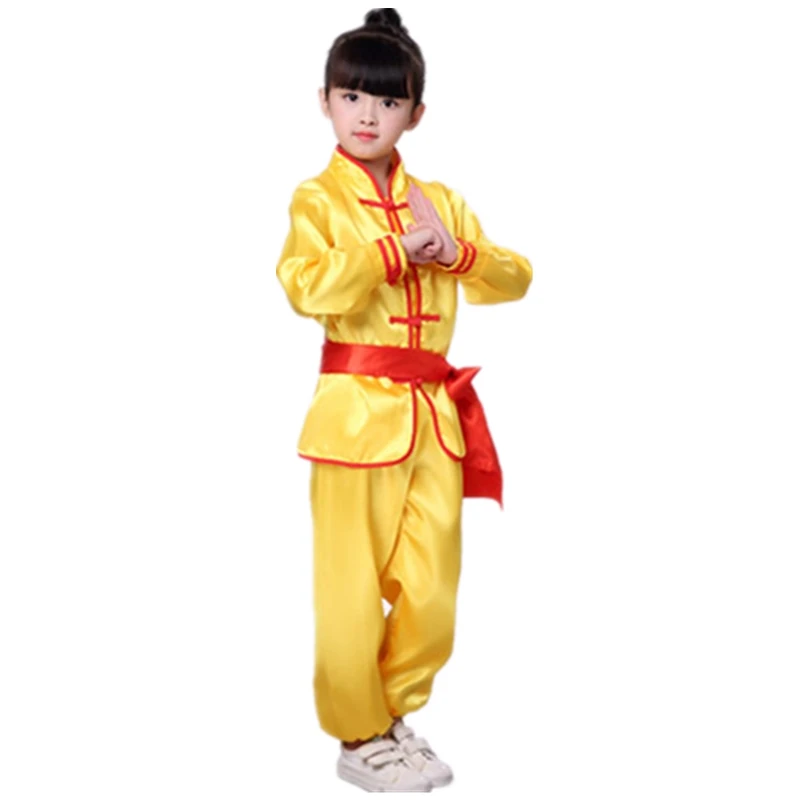 Китайская традиционная форма для кунг-фу для детей ростом от 100 до 170 см, короткие и полные костюмы Tai Chi Wu Shu, детская одежда для сцены - Цвет: Yellow Long Set