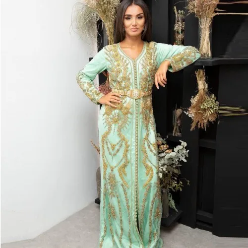 

Golden Lace Appliques Moroccan Kaftan Evening Dress Three Quarter Sleeve Saudi Arabic Prom Gowns Muslim Chiffon Dress