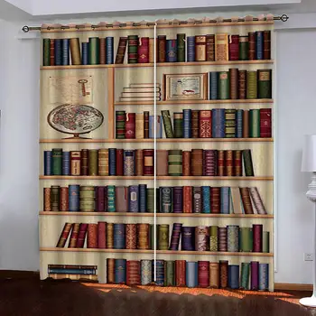 

2 Panels Curtain Magic Bookshelf Globe 3D Printing Blockout Fabric drapes window curtains for living room bedroom