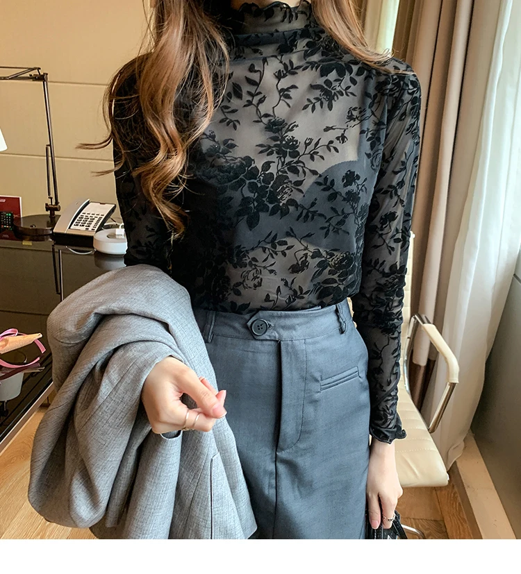 Korean Fashion Mesh Women Blouses Office Lady Shirt and Blouse Long Sleeve Floral Blusas Largas Loose Womens Sexy Tops