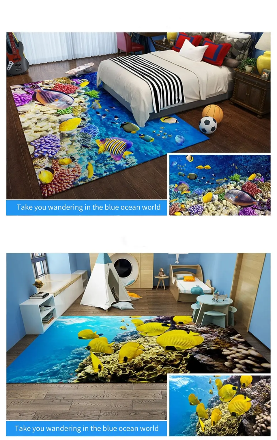Морской ковер с изображением рыбок 3D напечатанный 80*120 см большой ковер для гостиной мультяшный ковер для детской комнаты нескользящий моющийся ковер