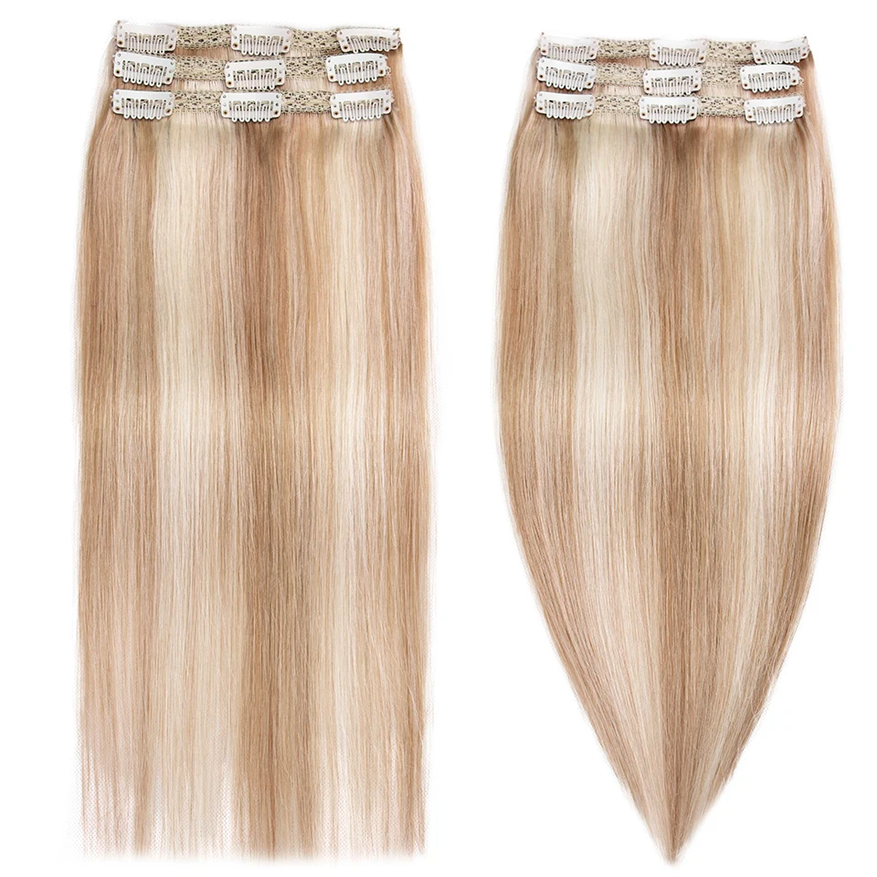 

MRSHAIR Lace Weft Sewin Clip in Hair Extensions 100% Human Hair 3pcs 9 Clips Highlight Blonde #60 #27 Machine Remy Hair Pieces