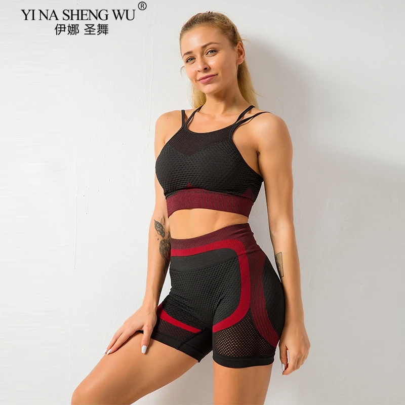 

Бесшовный Женский комплект для йоги, тренировочные рубашки, спортивный сексуальный бюстгальтер, одежда для тренажерного зала, короткий топ с высокой талией, леггинсы для бега, спортивный комплект