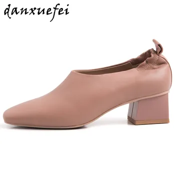 

Women's genuine leather thick heel elastic slip-on square toe pumps med heel soft comfortable OL style casual daily shoes women