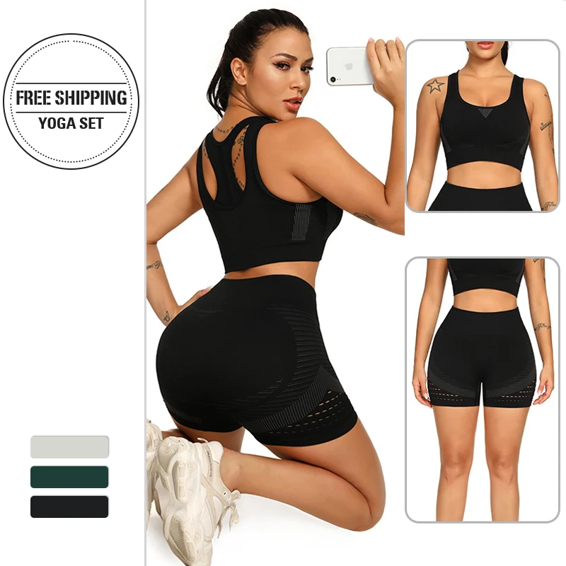 

Hot 2 Pcs/Set Women Seamless Yoga Sets Fitness Sports Suits Gym Clothes Breathable Bra Running Leggings Workout Set Shorts+Top