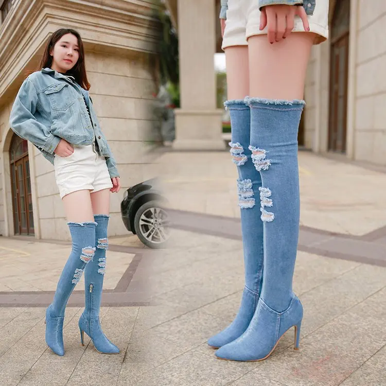 

Women Newest Hollow out Pointed Toe Over Knee Blue Denim Lace-up Gladiator Boots Long High Heel Jean Boots Shoes
