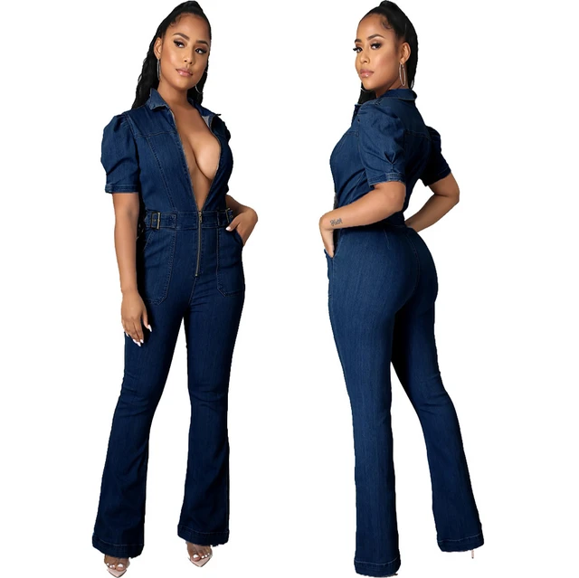 Jeans Stretch Overalls Sexy Women Turn Down Collar Elegant Blue Denim  Casual Jumpsuit Rompers - AliExpress