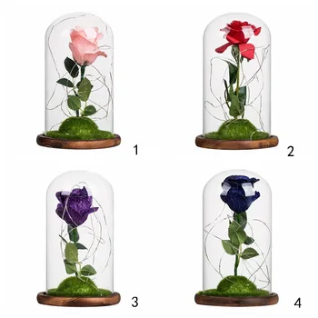 

LED Light String in Glass Dome On Wood Base Valentine's Day Glittery Artificial Silk Rose Flower Best Gift for Wedding