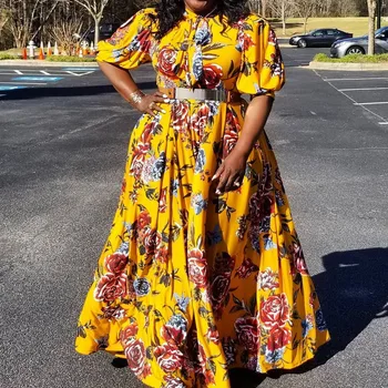 

African Style Floral Print Plus Size Women Maxi Dresses Hlaf Sleeves Elegant Party Long Dress Evening Bow Robe De Soiree 2020