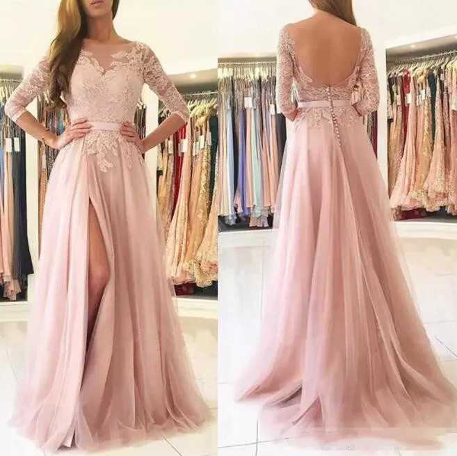 

Sexy Backless Formal Evening Party Dress Modest robe de soiree 2018 Lace Appliques A Line Tulle Split Long Prom Occasion Gowns