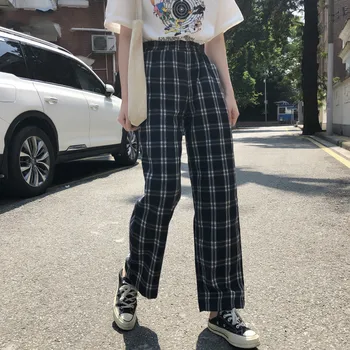 

Pants Women Plaid Retro Pockets Elastic Waist Korean Style All-match Womens Spring 2020 Long Trousers Straight Leisure Loose