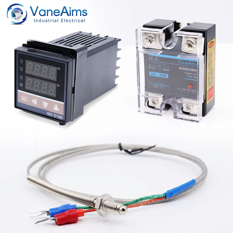 디지털 PID 온도 컨트롤러 Rex-C100 출력 SSR-DA40 릴레이 온도 조절기, K 타입 프로브/방열판, 220V 온도 0-400 ℃