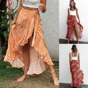 

Bohemian Women Summer Skirts Asymmetric Design Ruffles Decor High Waist High Split Print Lady Bandage Skirts for Holidays