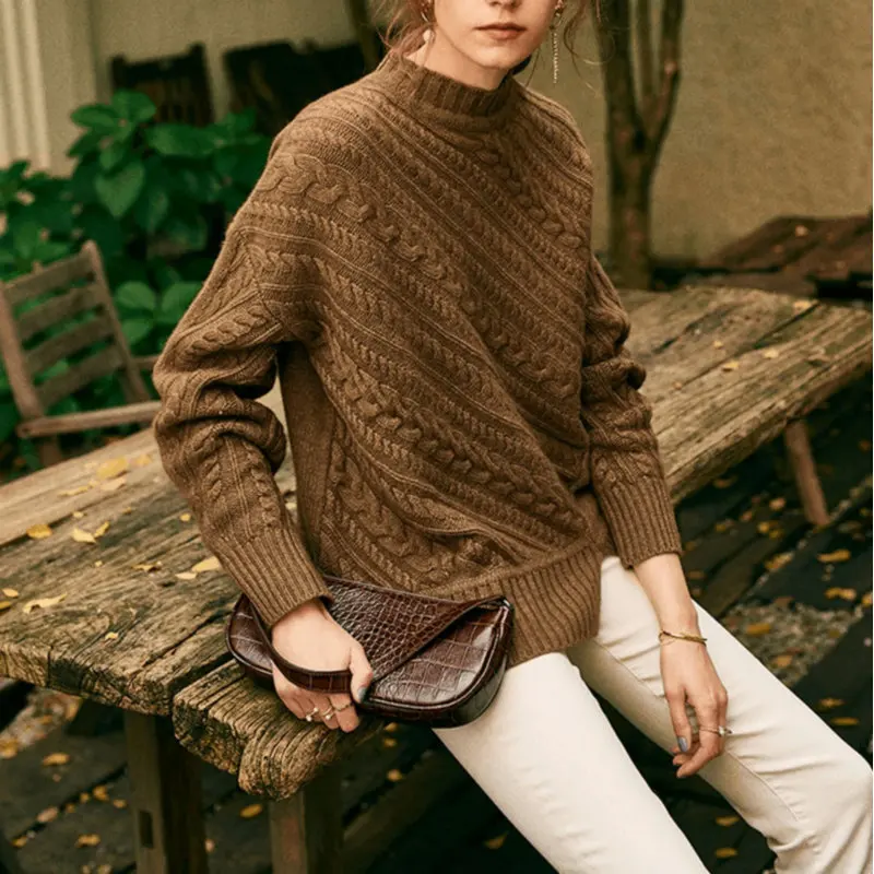Модный осенне-зимний женский теплый шерстяной вязаный свитер женский полувысокий воротник косой скрученный свободный ветряной низ пуловеры